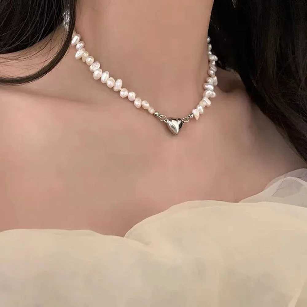 FSUNION 2024 Fashion Korean Pearl Chain Choker Necklace Magnetic Heart Pendant For Women Girls Jewelry Bridal Engagement GiftsX241009