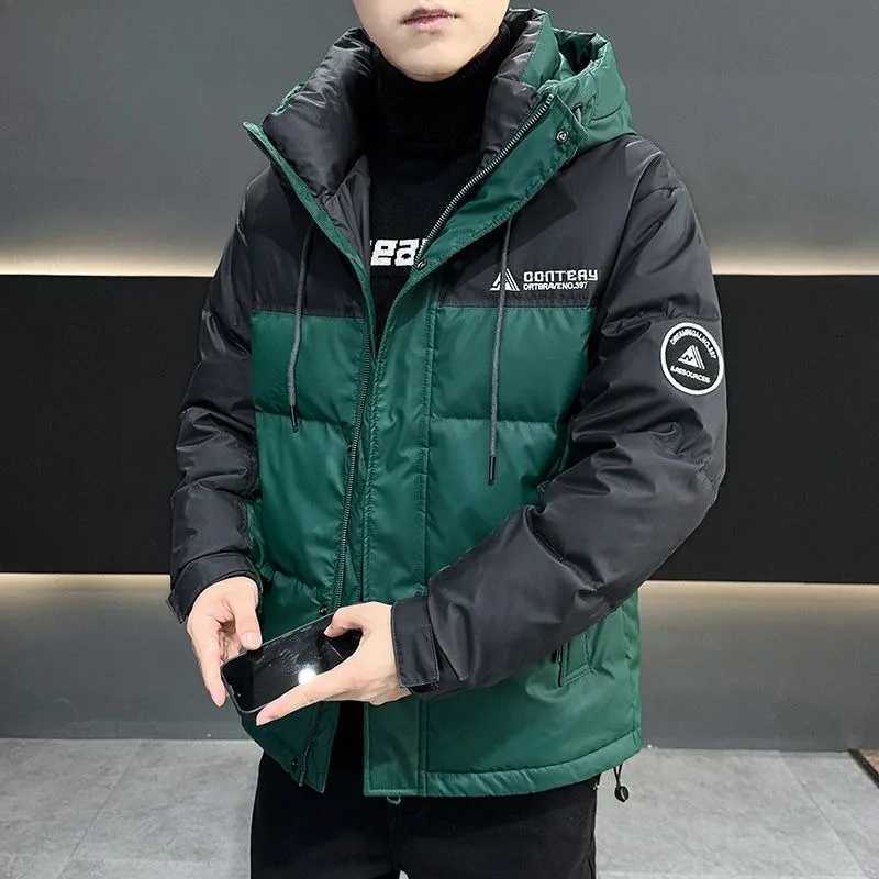 Men's Down Parkas High Quality Men Down Jacket Winter Male Fashion Color Contrast Stitching Hooded Outwear Thicken Warm Casual Large Size Outcoat