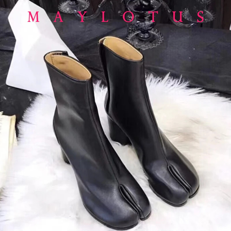 2024 Split Toe Leather Thick Anklet Womens Winter Short Boots Tabi Ninja Botas Mujer 240930