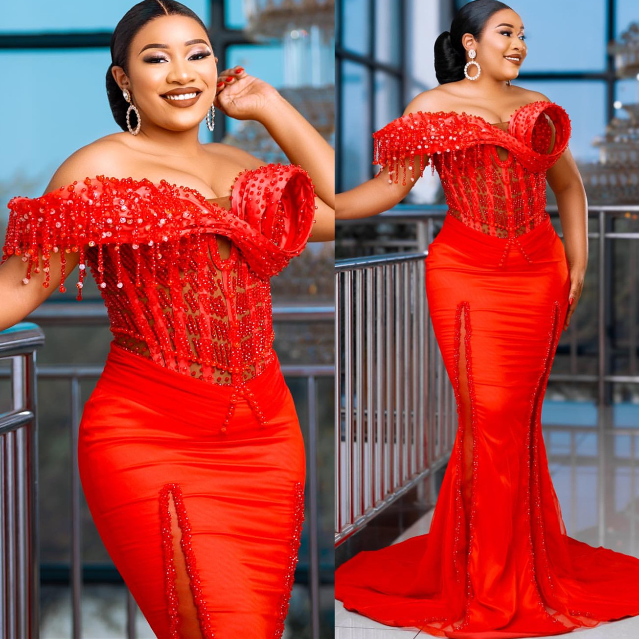 Aso Ebi 2024 Red Mermaid Prom Dresses Beaded Tassels Satin Evening Formal Party Second Reception Birthday Gowns Dress For Special Occasions