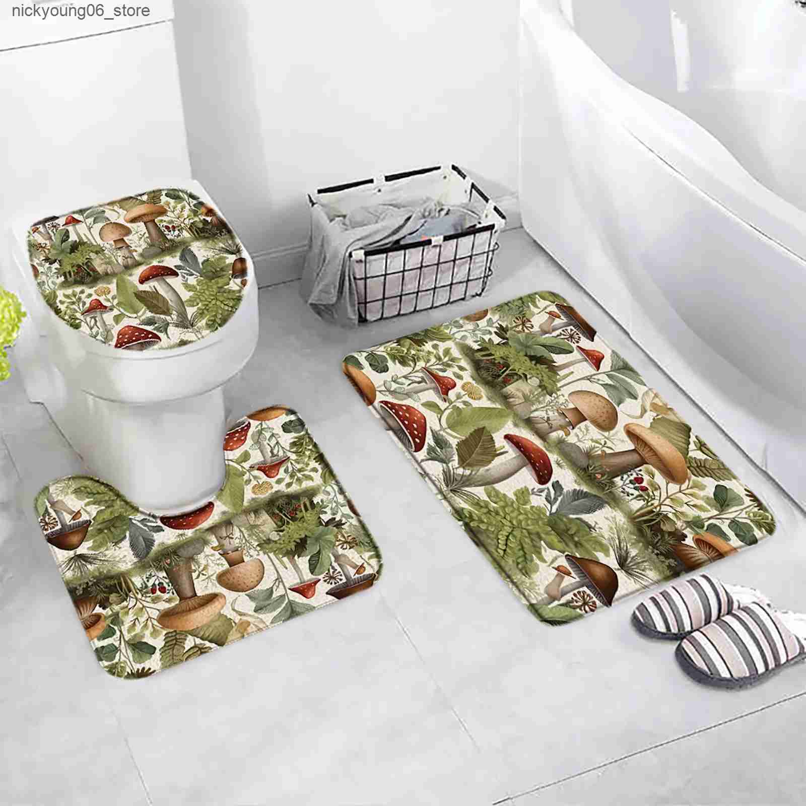 Non-Slip Bath Mats Vintage Mushroom Bath Mat Set White Daisy Floral Dragonfly Snail Green Leaves Plant Black Carpet Bathroom Decor Rug Toilet Cover L2