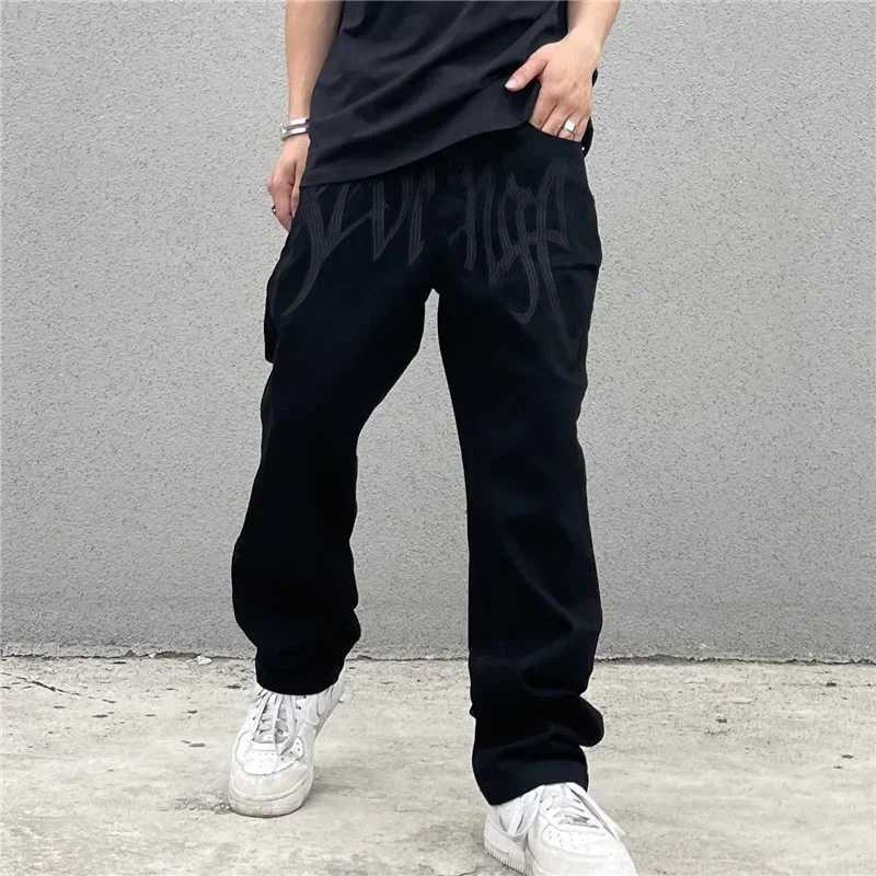 New Mens Baggy Jeans Black American Vintage Embroidery Letter Denim Pants Y2K Hip-hop Streetwear Straight Loose TrousersX241009