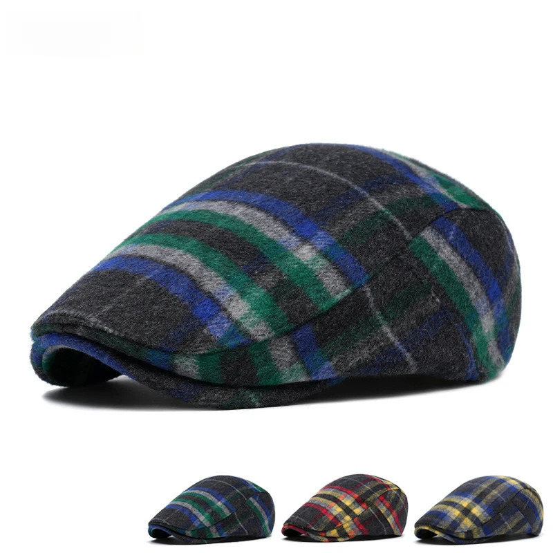 Unisex checkered sboy hat with retro style wool blend beret mens and womens colorful autumn winter accessories 241009