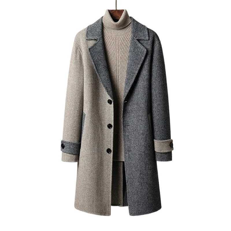Korean Trench Coat Autumn Winter Men Mid-length Woolen Coat Youth Japan Loose Windbreaker Suit Collar Color Match Jacket Urban LX241010