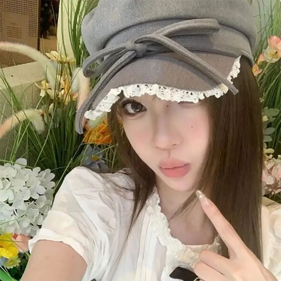 Bow lace trimmed beret showcasing mini facial features sun protection octagonal hat highquality Korean style s boy Versatile 241009