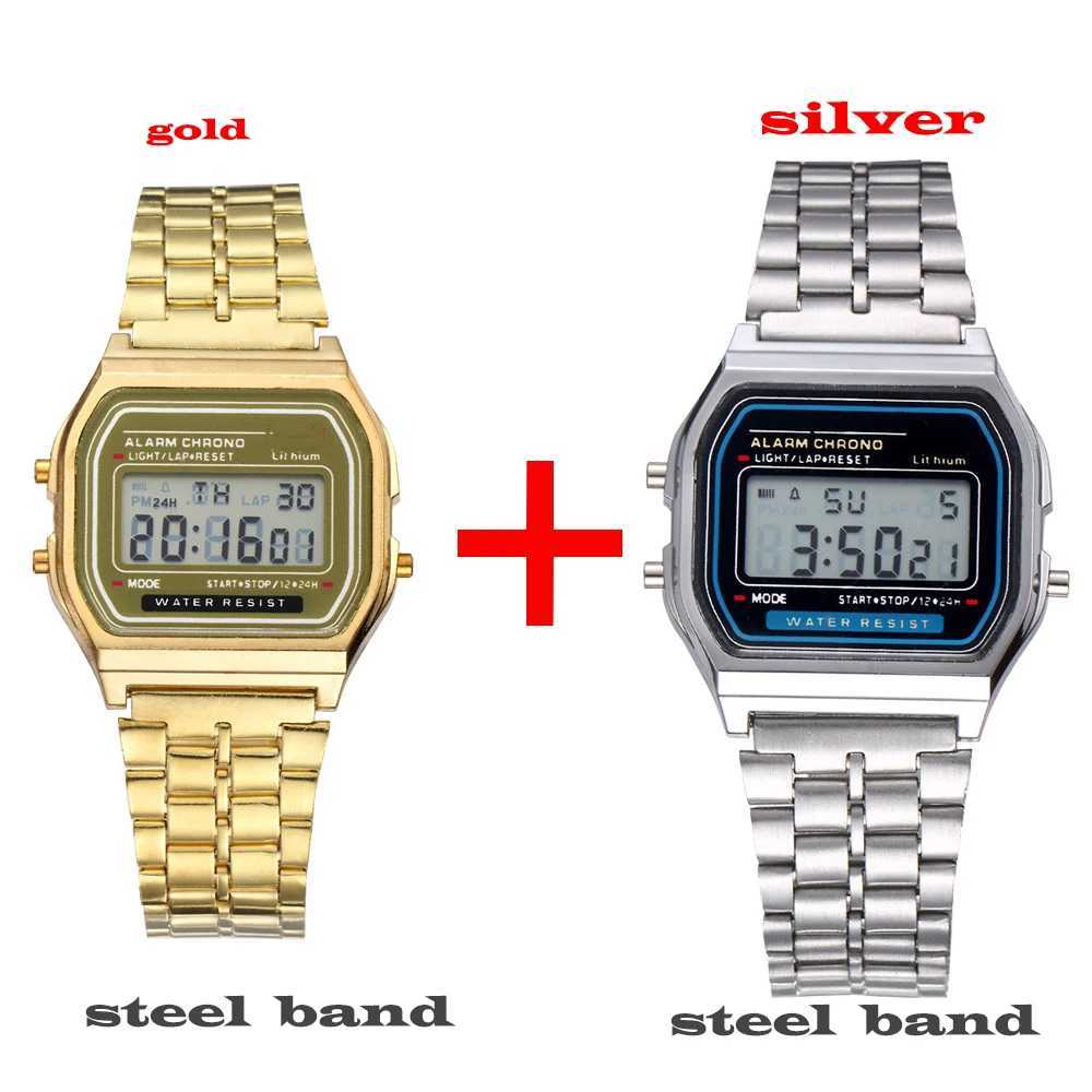 2Pcs Fashion Digital Mens Watches Gold Luxury Stainless Steel Link Bracelet Wrist Watch Band Business Electronic Male ClockX241010