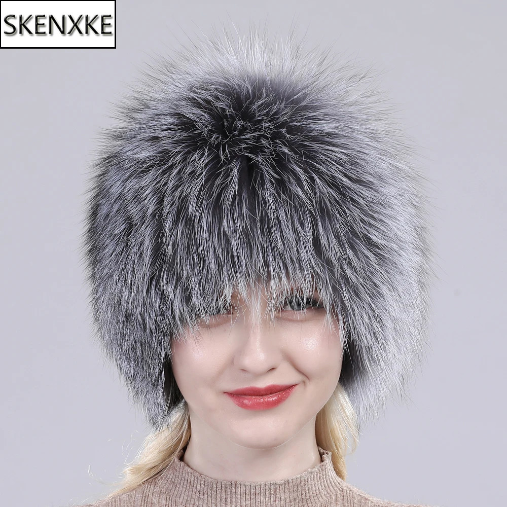 Russian Winter Genuine Fur Hat Outdoor Warm Knitted Womens Fox Bomber y Quality 100% 241009