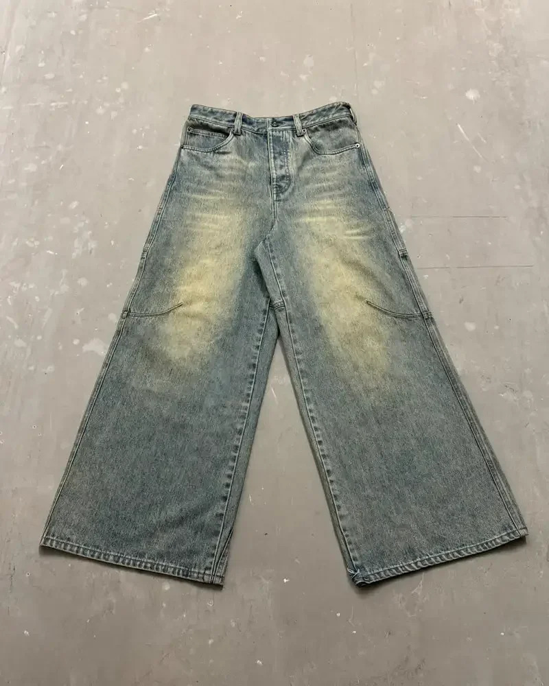 Harajuku Trend Gothic style oversized embroidered patchwork decoration washed blue jeans mens wide leg street Y2K mop pants 240929