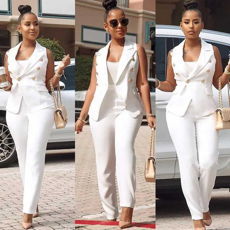 Business OL workwear womens two-piece pants set elegant sleeveless jacket top+pencil pants office womens matching set W241009