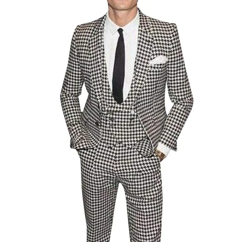 Plaid Men's Suits 3 Pcs Houndstooth Groom Tuxedos For Wedding Business Costume Notch Lapel Jacket (Blazer+Vest+Pants) 2024