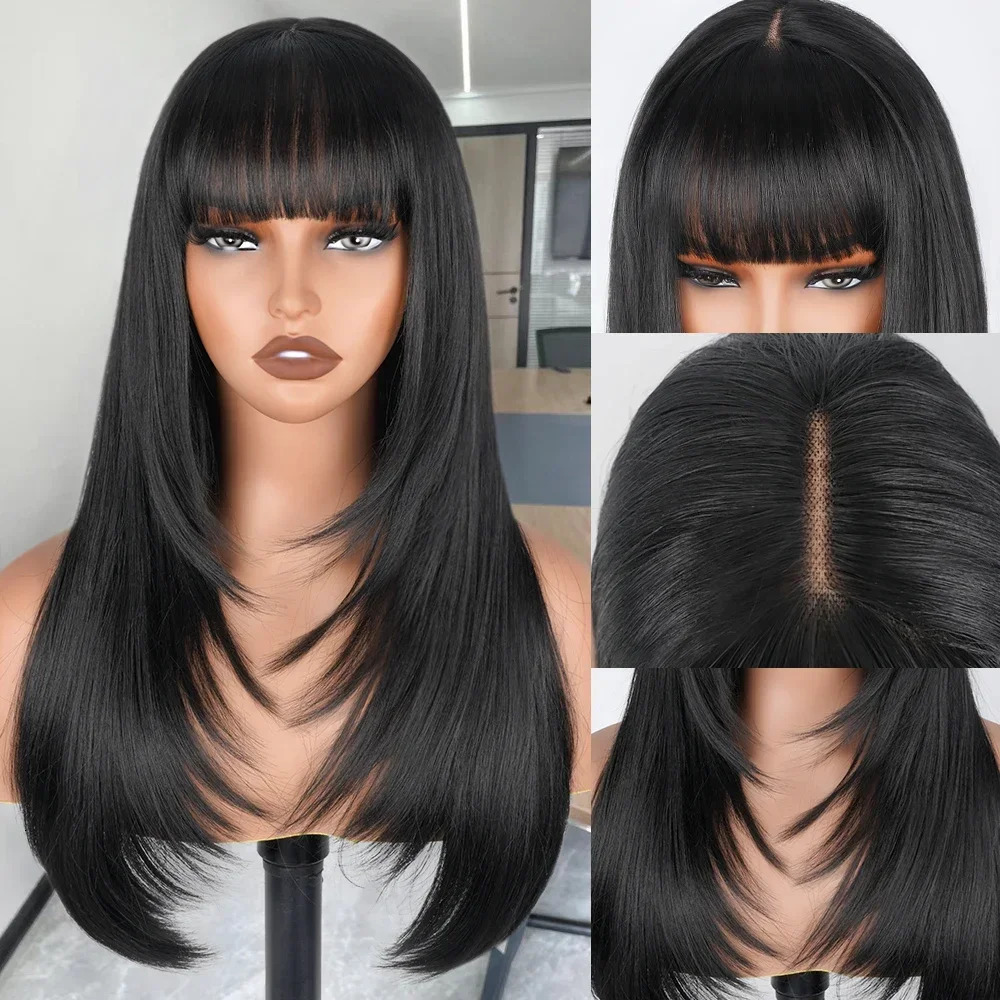 Black womens straight cut wig 3X1 HD lace synthetic laminated wig with bangs natural black straight non adhesive wig 241007