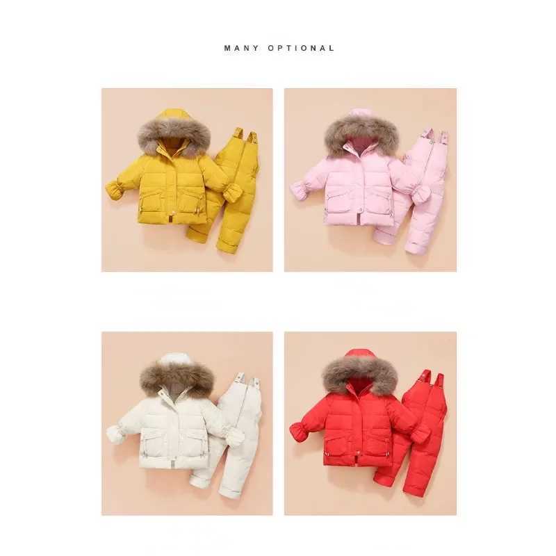Down Coat Childrens snow jacket and winter thick set for toddlers hooded fur down jacket ski jacket and snow bib pants H241010