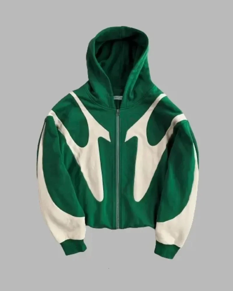 American Y2K Green Stitching Oversized Zipper Mens Hoodie Harajuku Trend Hiphop Gothic Retro Sweatshirt Casual Street Wear 241008