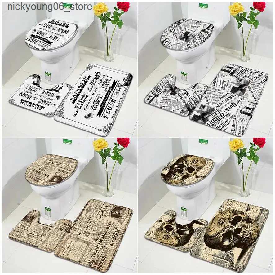 Non-Slip Bath Mats Vintage Old Newspaper Bath Mats Set Bathroom Rules French Paris Tower Skull Retro Door Rug Home Decor Anti-Slip Toilet Cover Mat L2