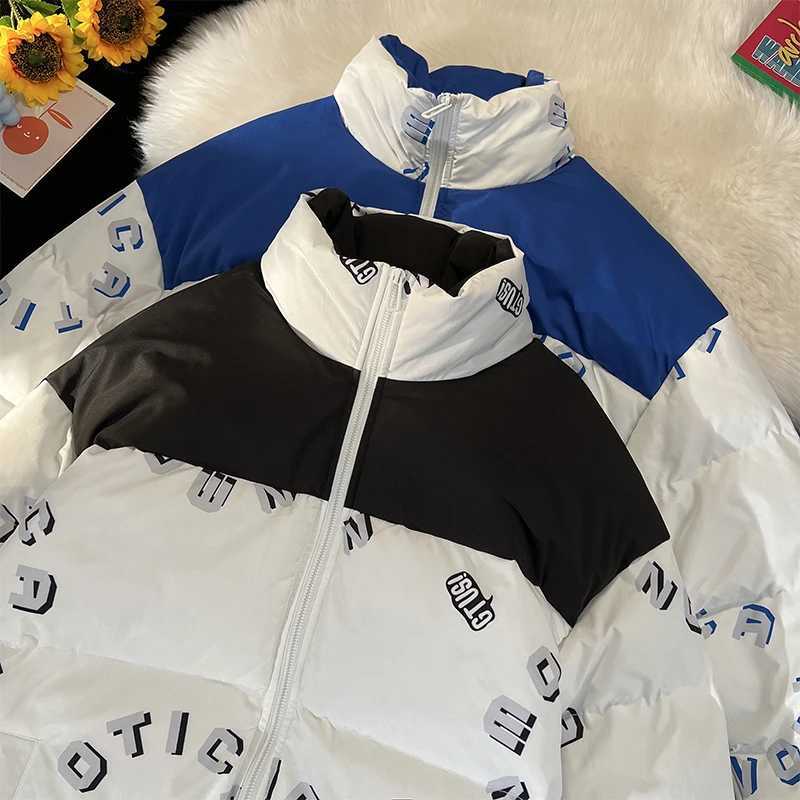 Men's Down Parkas Winter Thicken Cotton Jacket Travel Bubble Coat Harajuku Fashion Oversize Waterproof Ski Coat Contrast Zippered Puffer Jacket Y