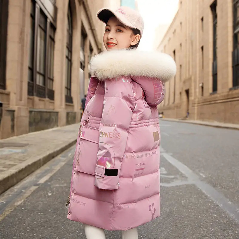 5 6 8 10 12 14 Years Girls Down Jacket Winter Warm Long Style Parka Hooded Zipper Fur Collar Girls Outerwear Kids Clothes 240927