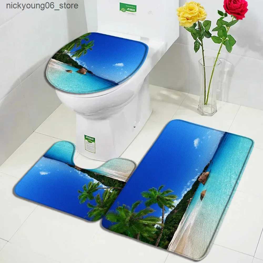 Non-Slip Bath Mats Sea Waves Beach Bath Mat Set Green Palm Leaves Ocean Hawaiian Nature Scenery Bathroom Decor Carpet Non-Slip Rug Toilet Lid Cover L2