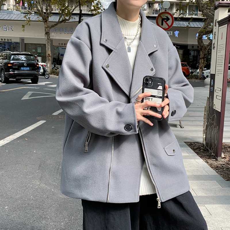 Blends Coats Men Notched Clothing Pure Color Zipper Handsome Vintage Korean Fashion Outwear Streetwear Casual Designer All-match LX241010