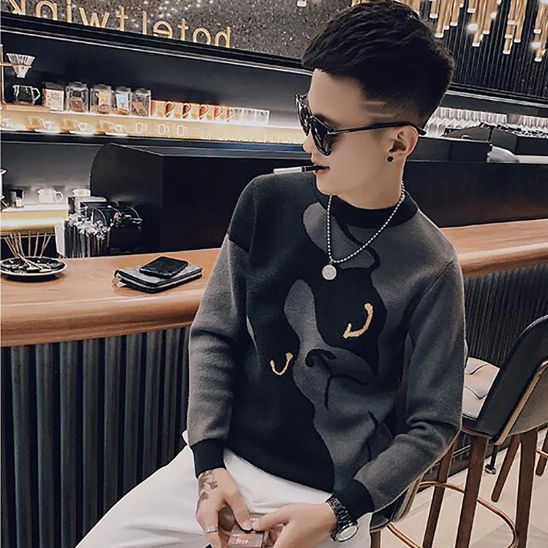 Fashionable printed O-neck knitted fully matched sweater for mens clothing autumn style loose casual floral Korean version top 241007