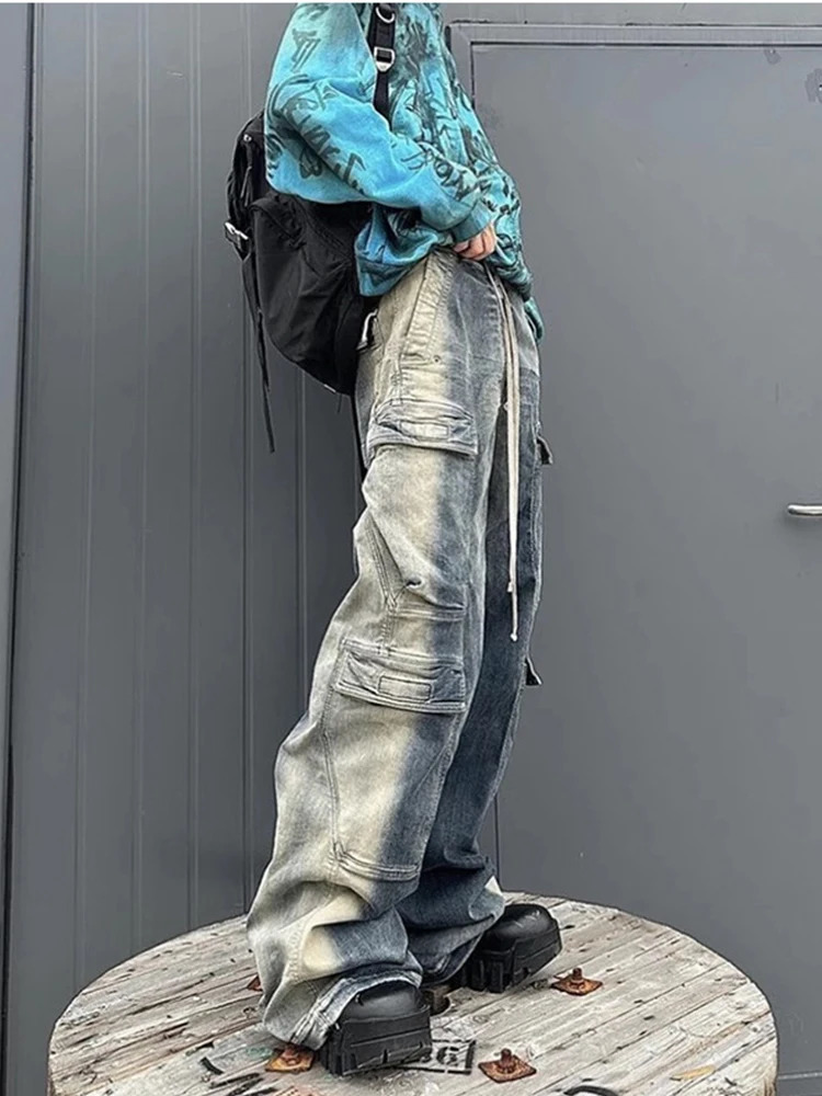 American fashion washed vintage gradient striped multi pocket drawstring jeans Harajuku street loose 240929