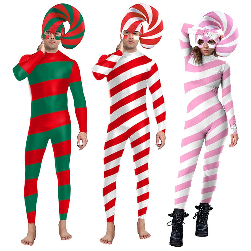 Colorful cosplayer candy vine jumpsuit striped cosplay costume Halloween holiday bodysuit Christmas party Zentai set 241007