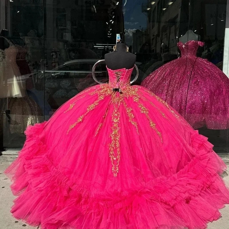 Rose Red Quinceanera Dresses For Sweet 16 Girls Ball Gown Appliques Lace Tiered Tull Birthday Party Dress Pageant Vestidos 15 De XV Anos