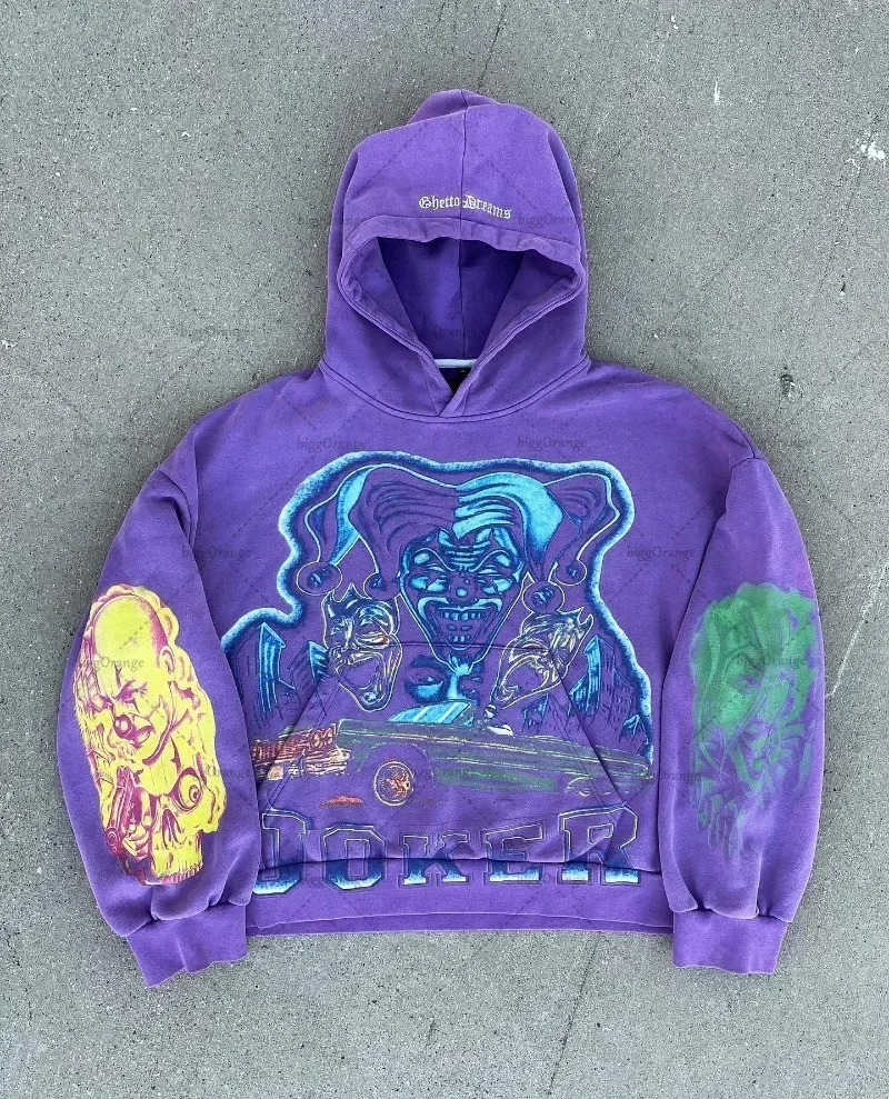 US Retro Hoodie Personalized Printed Purple Oversized Pullover Sweatshirt Y2K Loose Casual Couple Top 241010