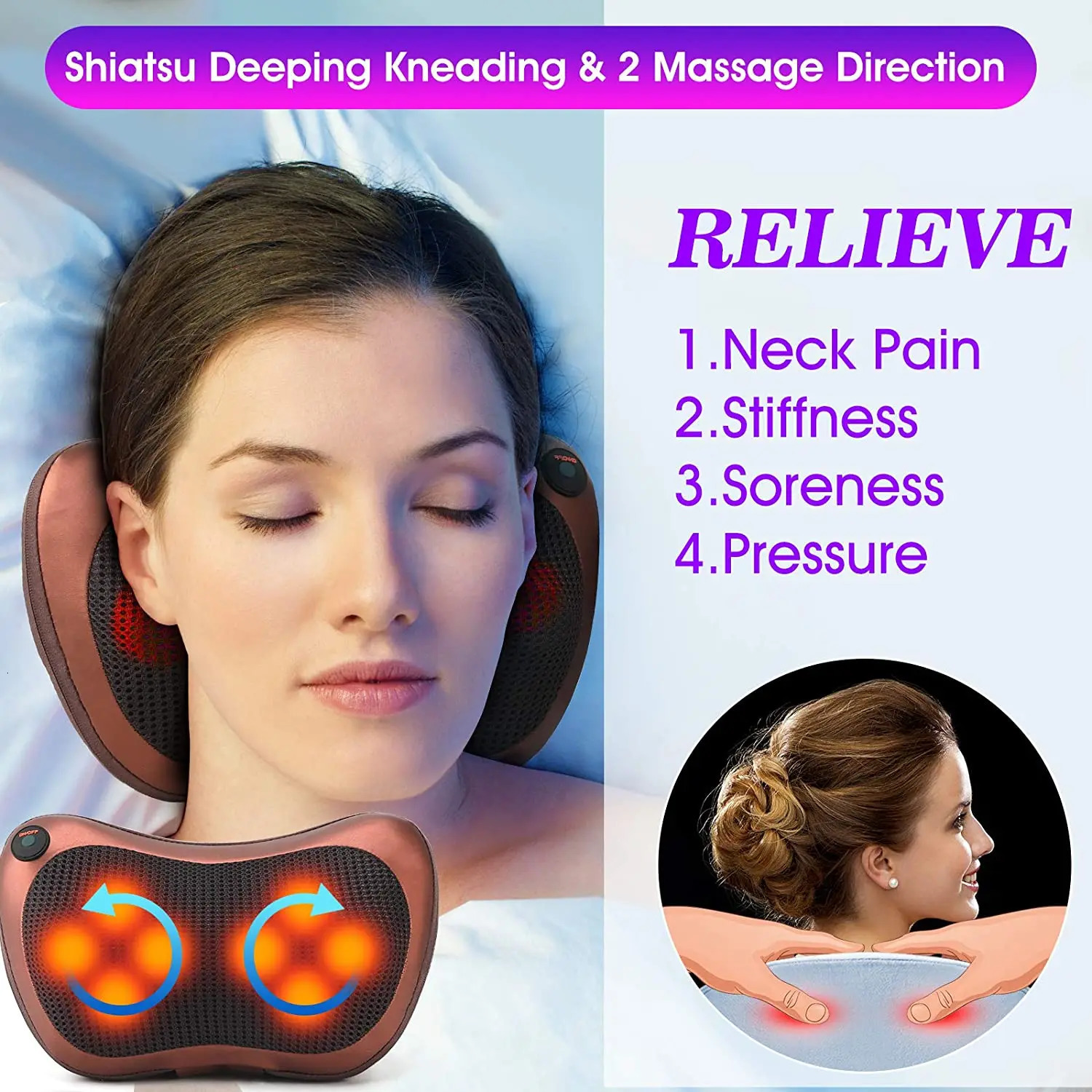 Massage pillow with neck and back massager equipped with neck and shoulder massager and 3D deep tissue kneading massager 241008