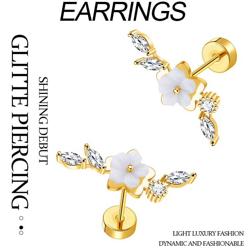 TUPMI 20G Cartilage Earrings for Women 14K Gold Stainless Steel Flat Back Cartilage Stud Earrings for Sensitive Ear Leaf Opal CZ Handmade Helix Conch 
