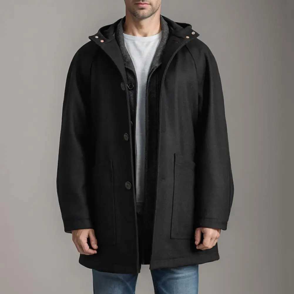 Casual Men Coat with Hooded Stylish Mens Woolen Hooded Coat with Pockets Single Breasted Mid-length Outwear for Winter Fashion LX241010