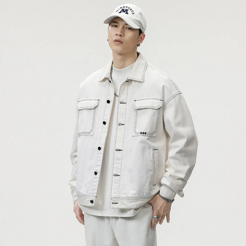 Mens Fashion Bag Denim Jacket Street Clothing Large Pocket Comparative n Extra Black and White Washed Coat Autumn 4XL 5XL 241007