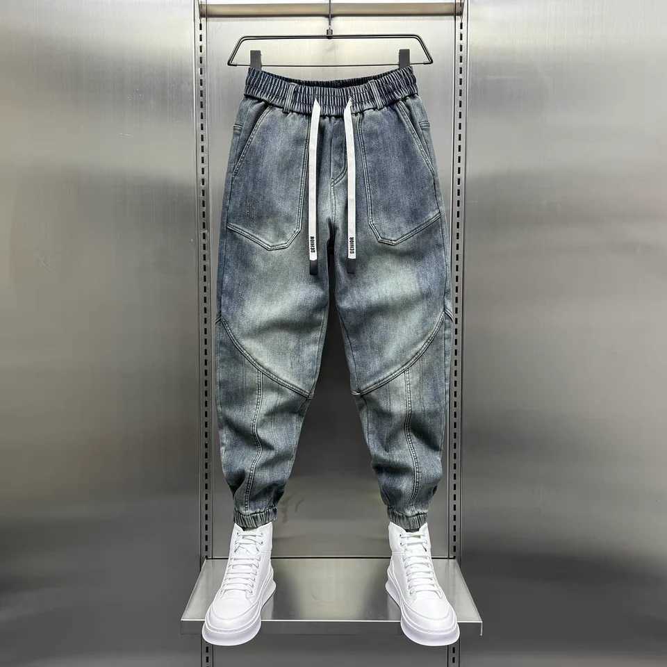 Blue Denim Jeans Loose Harem Pants Elastic Waist Cuffs Casual Spring Autumn Luxury Clothing Men korean 2024 New Mens FashionX241009