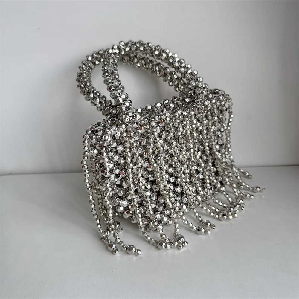 Handmade Silver Beaded Bags for Women Handbags Tassel Fashion Trend Beach Vacation Beading Phone Clutch Party 241010