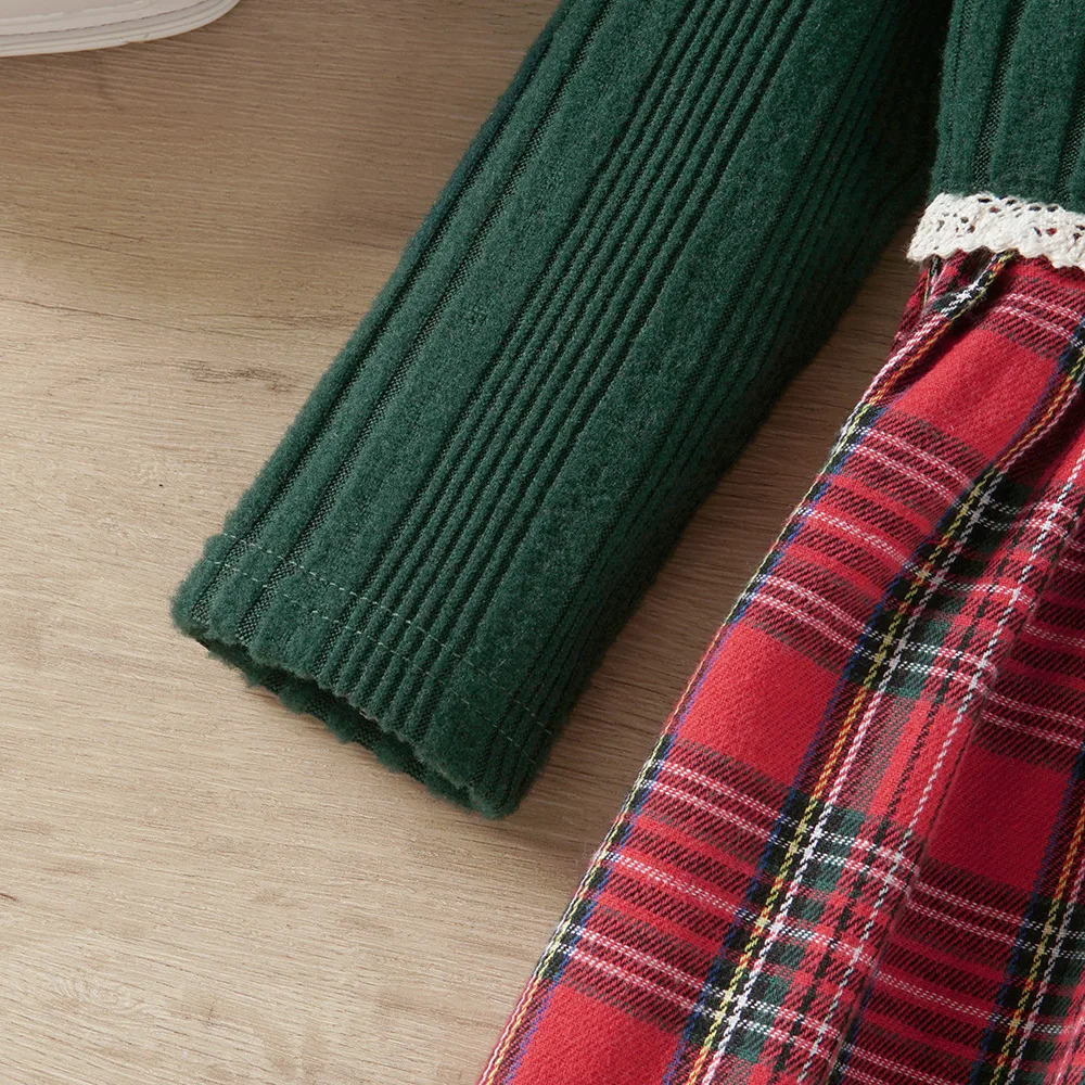 Childrens plaid girl Christmas dress autumn winter childrens long sleeved casual lace knitted cardigan top childrens clothing 241008