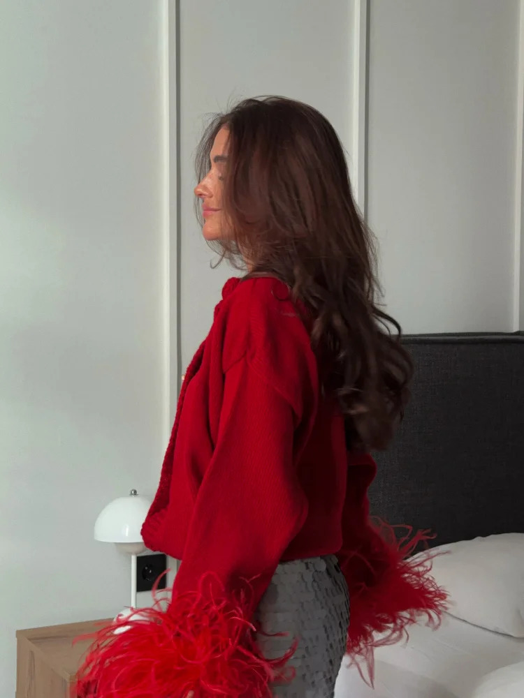 Red Patchwork Feather Long Sleeve Knitted Cardigan Women Fashion O Neck Slim Thick Wram Sweater Female Commute Elegant Outfits 240924