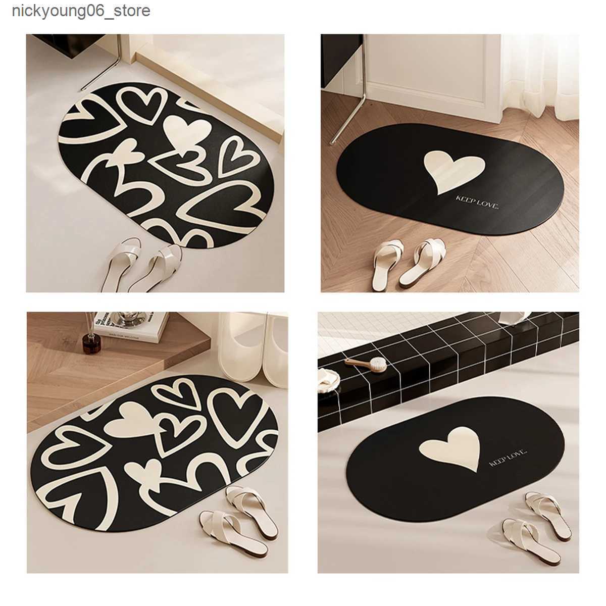 Non-Slip Bath Mats Love Door Mat Super Absorbent Bathroom Anti Slip Mat Quick Drying Diatomaceous Mud Floor Mat Household Shower Mats Kitchen Rugs L24