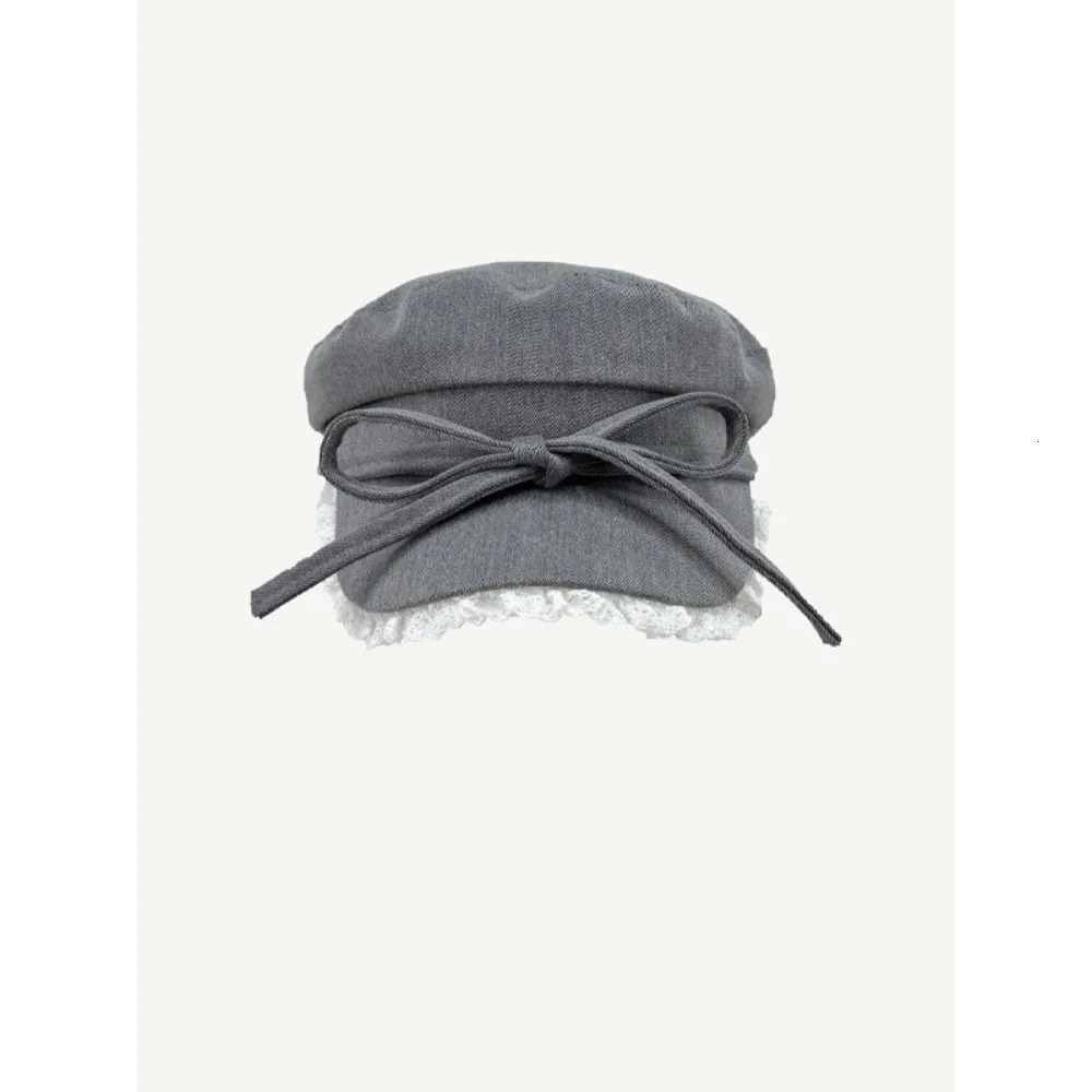 Bow lace trimmed beret showcasing mini facial features sun protection octagonal hat highquality Korean style s boy Versatile 241009