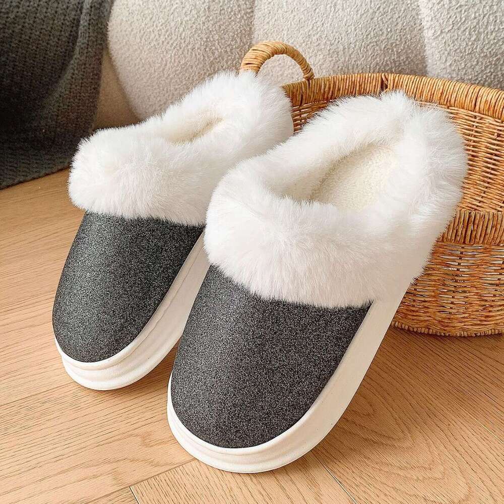 Women Shoes Baotou Frosted Glitter Fur Slippers Warm Home Anti Slip Cotton Mop Thick And Warm Cotton Slippers With Velvet High Quality