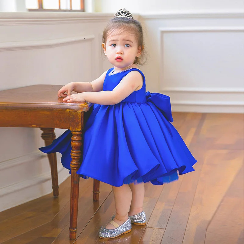 Baby Girl Party Dress Rolay Blue Summer Childrens Dress Big Bow Preschool Childrens First Birthday Baptist Dress Bridal Dress 241008