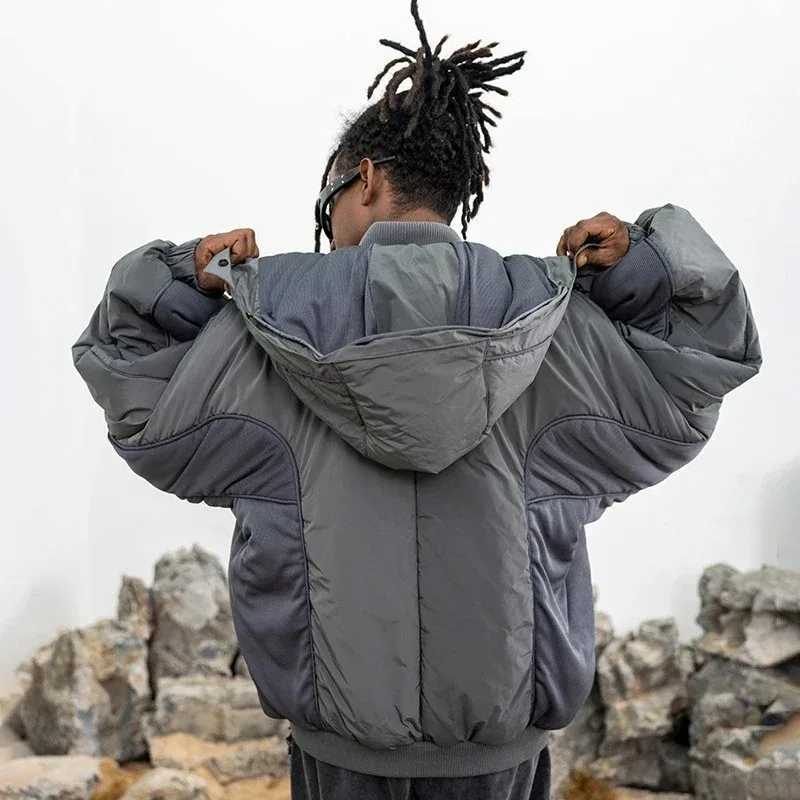 Men's Down Parkas Winter Warm Mens Jacket High Strt Tech Wear Padded Double Zipper Splicing Mens Hoodie Casual Coat Parkas Mens Clothing Y241009X