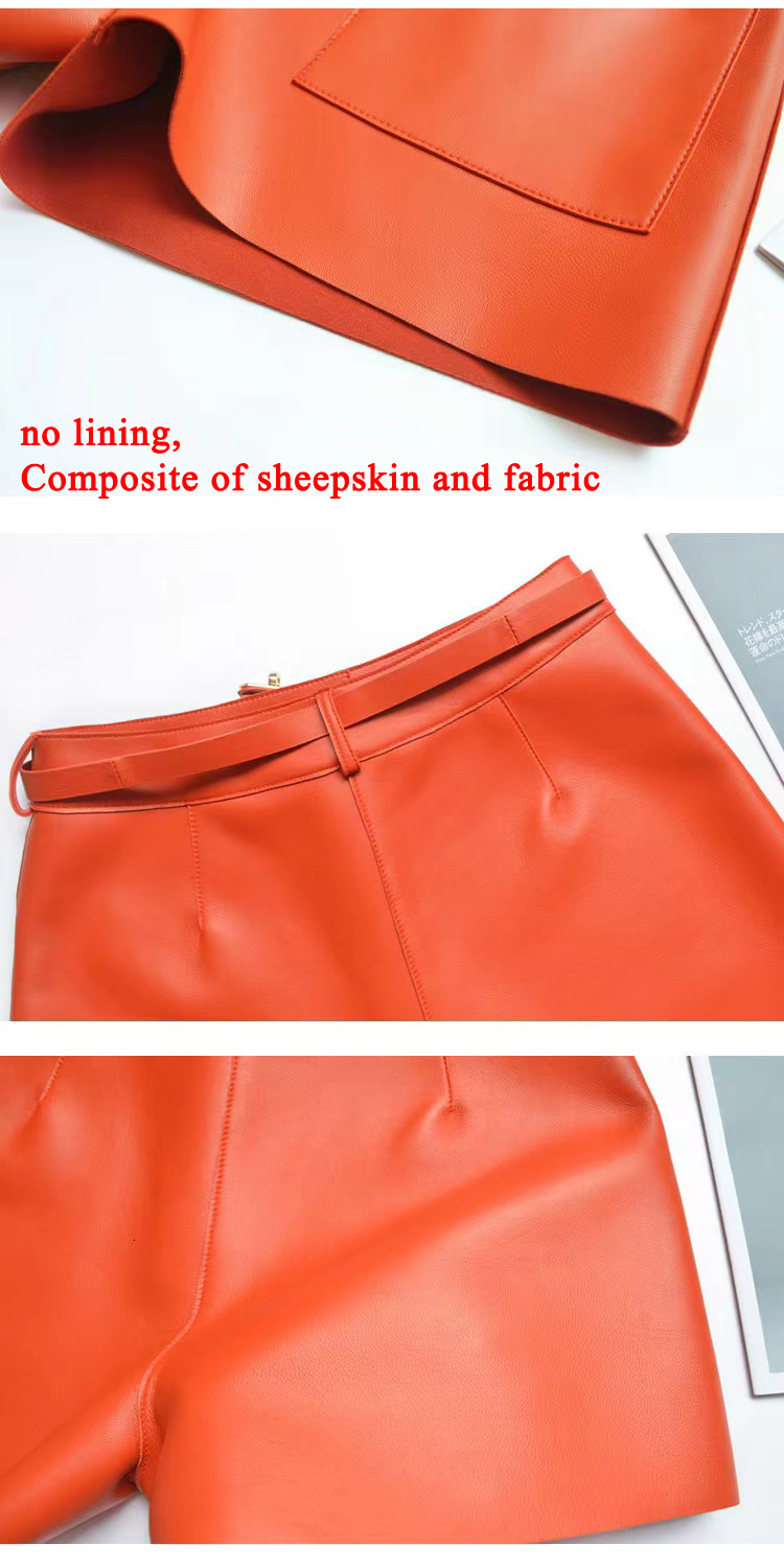 Real Sheepskin Women New Arrival 2024 Casual Genuine Leather Shorts Versatile White Belt Botton Short Mujer Pant