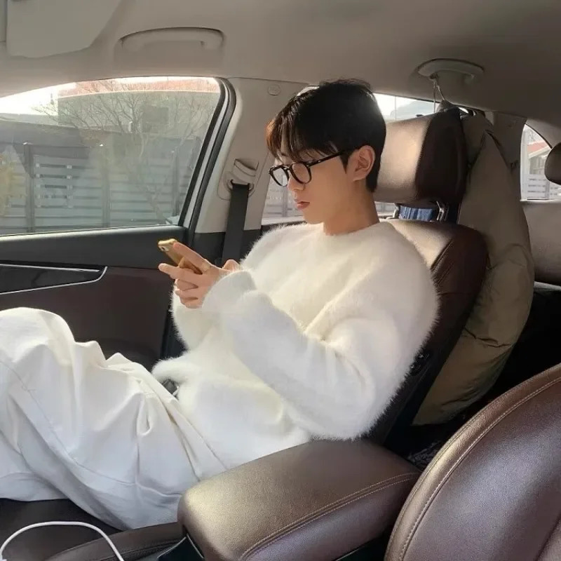 HOUZHOU Mohair Sweaters Men Korean Thicken Warm Knitting Autumn Winter Loose Casual Long Sleeve Pullovers Fleece Streetwear 241009