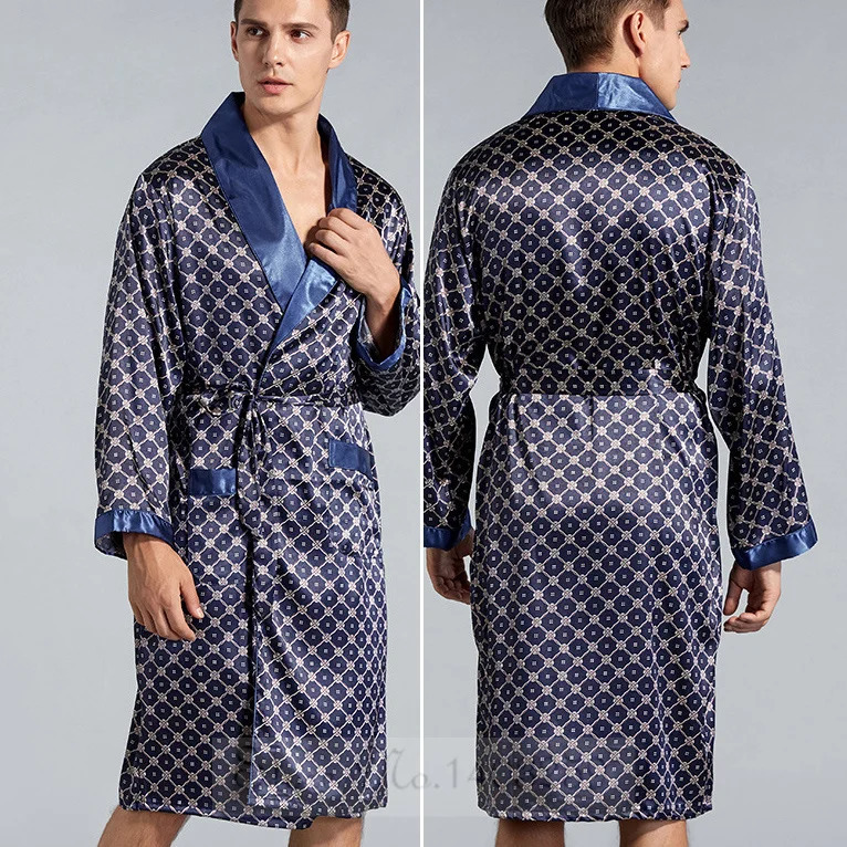Plus size 3XL 4XL 5XL mens long robe pajamas navy blue striped kimono bathroom dress summer satin home clothing with pockets casual wear 241010