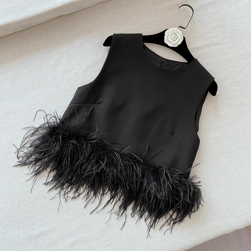 Woman Black Patchwork Feathers Korean Shirt Tank Top Female Fashion Round Neck Sleeveless Slim Tops Summer Party Club Clothing