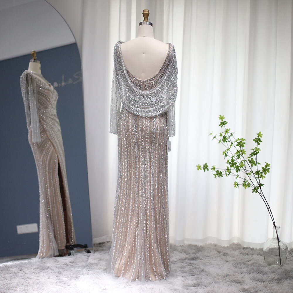 Sharon Said Sier Mermaid Dubai Evening Dress for Women Wedding Party with Cape Heavy Beaded Slit Prom Dresses SS035