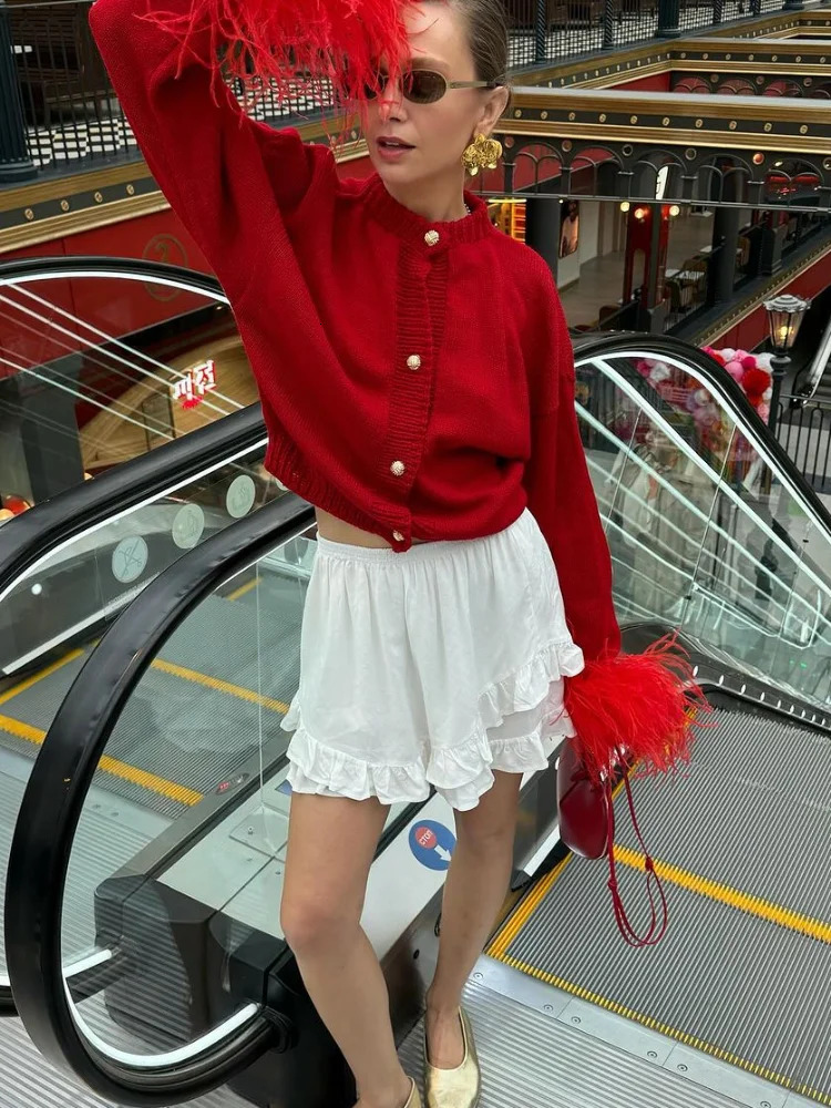 Red Patchwork Feather Long Sleeve Knitted Cardigan Women Fashion O Neck Slim Thick Wram Sweater Female Commute Elegant Outfits 240924