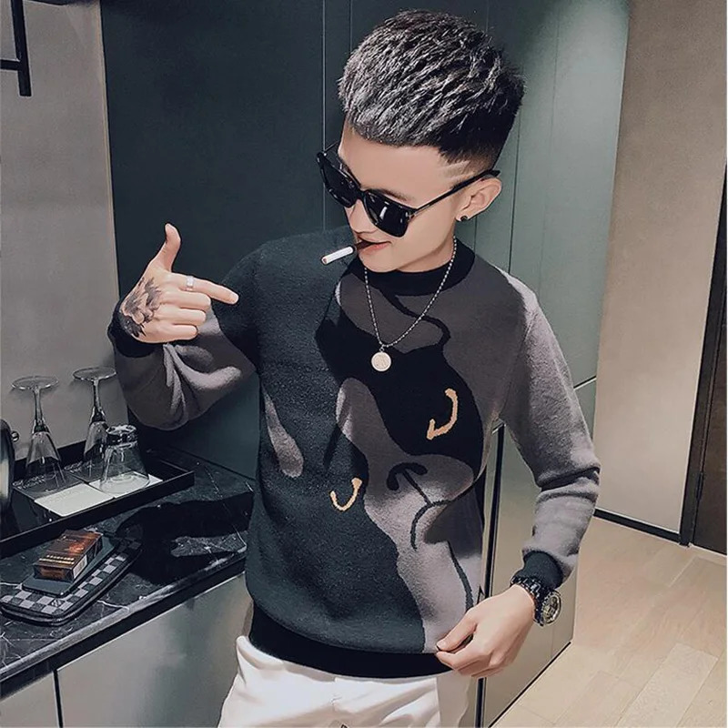 Fashionable printed O-neck knitted fully matched sweater for mens clothing autumn style loose casual floral Korean version top 241007