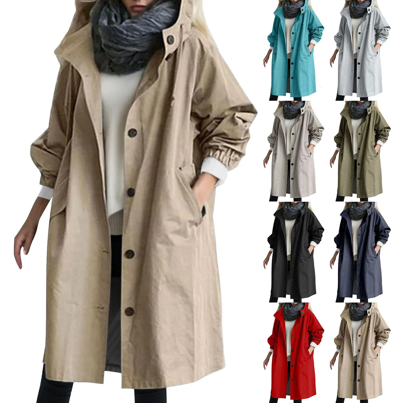 Womens Fashion Trench Coat Spring and Autumn Leisure Hoodie Medium Long Coat Loose Windproof Coat Korean Fashion Large 240927