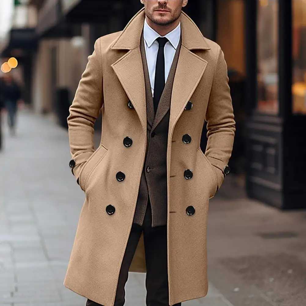 Lapel Woolen Coat Mens Long Woolen Coat Lapel Windbreaker with Pockets Double Breasted Mid-length Outwear Classic for Men LX241010