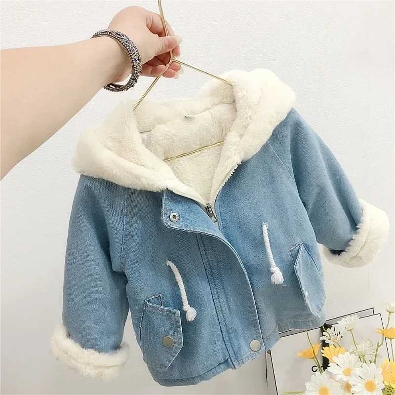 Down Coat Girls boys childrens denim jackets warm fur baby bunny earmuffs velvet coats winter clothing H241010